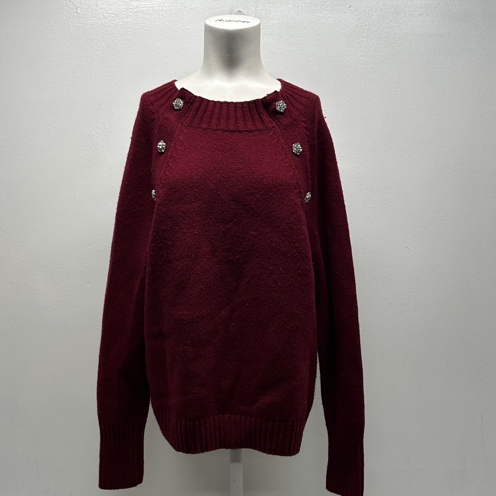 J Crew Sweater Crewneck Wool Long Sleeve Top Jeweled Buttons Burgundy Red Large